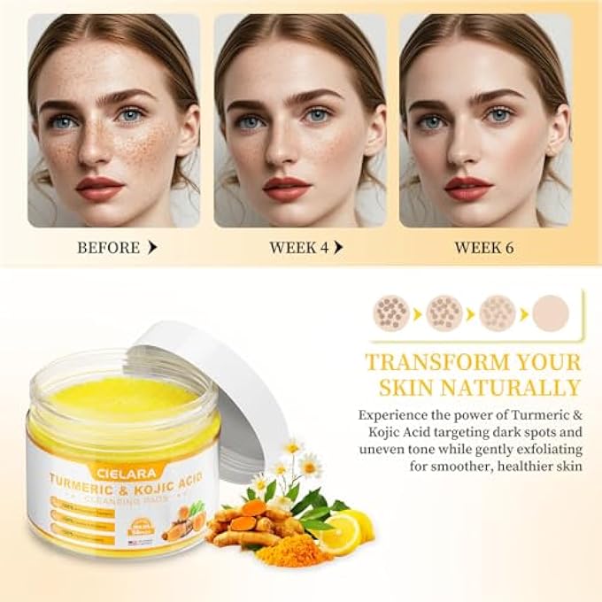 STRBOXONG TURMERIC KOJIC ACID CLEANSING PADS FOR DARK SPOTS REMOVER FOR FACE, LEMON TURMERIC PADS WITH VITAMIN C & E, DEEP CLEAN PORES, HYDRATE & PLUMP SKIN EXFOLIATING WITH KOJIC ACID 50 COUNT - Image 3